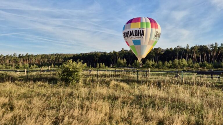 Heißluftballon im tiefen Landeanflug über einer Wiese in der Senne bei Bielefeld